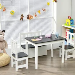 4 teiliges Kindersitzgruppe Holz Sitzgruppe Kinder Kindertischgruppe Grau + Weiß