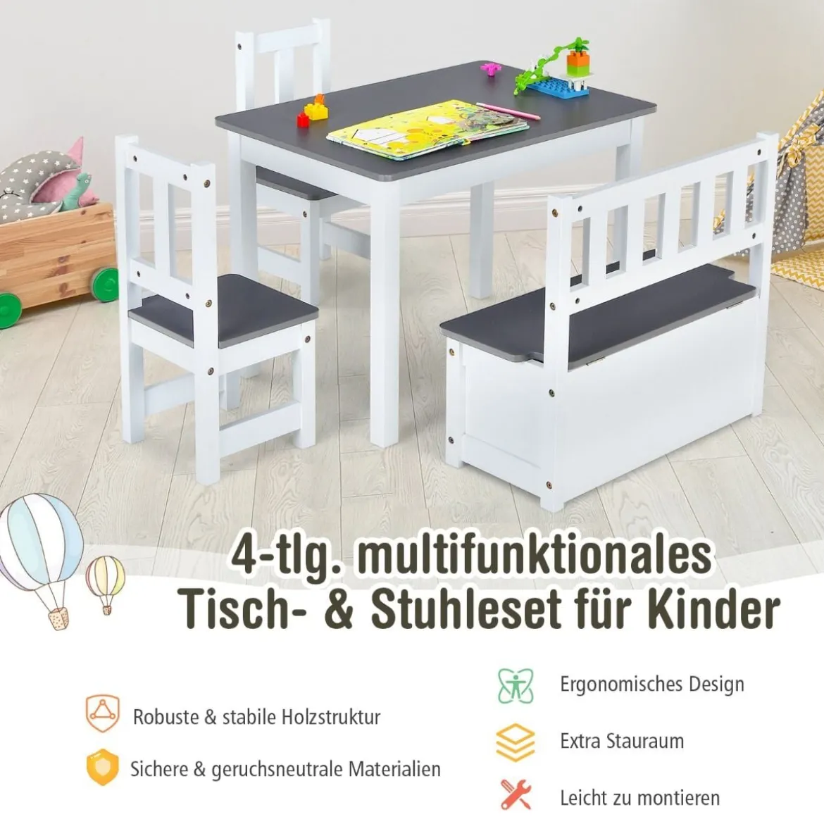 4 teiliges Kindersitzgruppe Holz Sitzgruppe Kinder Kindertischgruppe Grau + Weiß