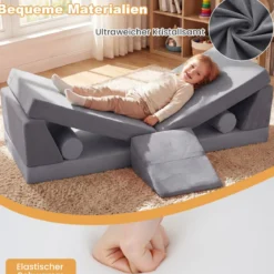 10-Teiliges Kindersofa Set Modulares Kinderspielsofa mit Weichem Kristallsamt Maschinenwaschbare Bezüge Blau/Grau