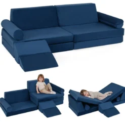 10-Teiliges Kindersofa Set Modulares Kinderspielsofa mit Weichem Kristallsamt Maschinenwaschbare Bezüge Blau/Grau