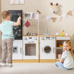 3-teiliges Kinder-Spielküchenset Holz Spielküche mit realistischen Geräuschen & Lichtern Natur + Weiß