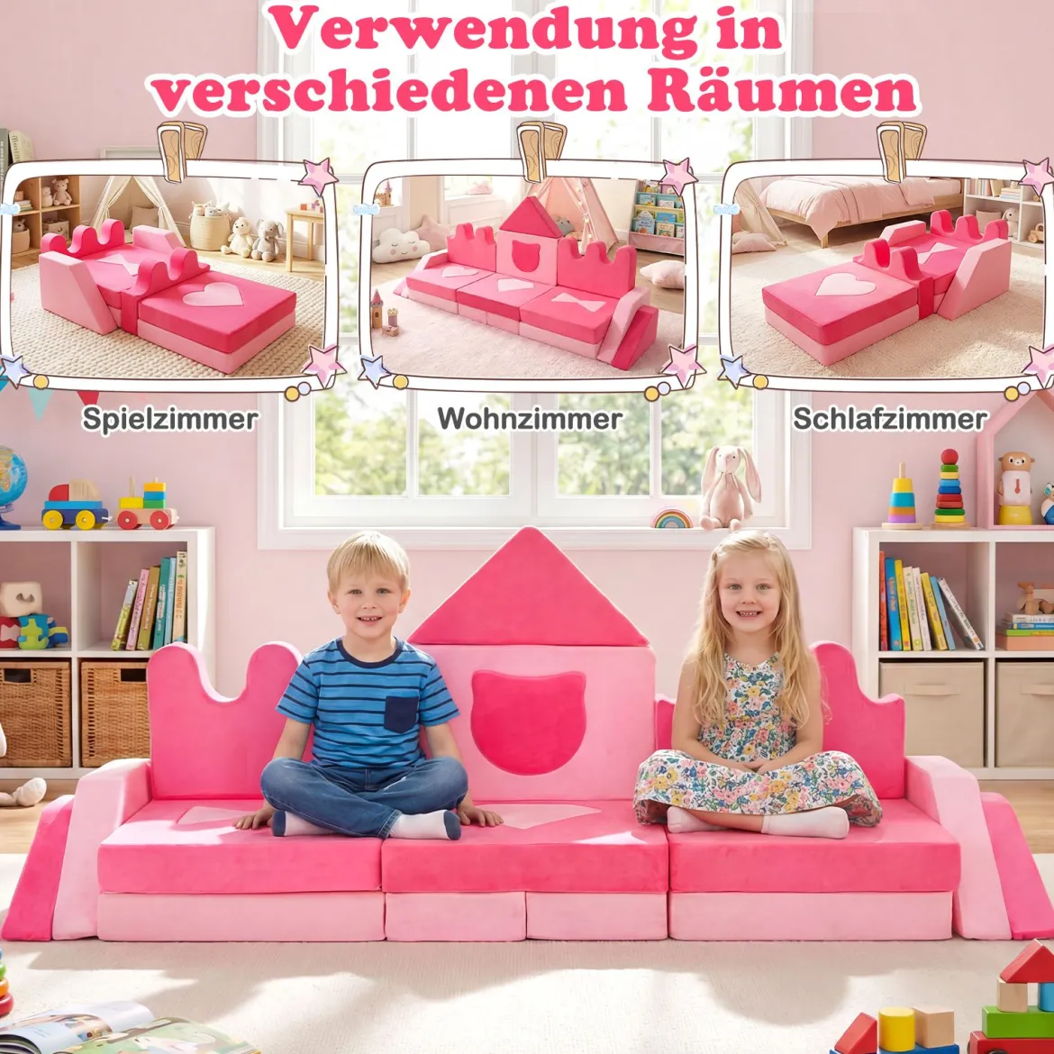 14-teiliges Kinder-Spielsofa modularer Kinderspielcouch ab 3 Jahren weiches Indoor-Kriechspielsofa Rosa