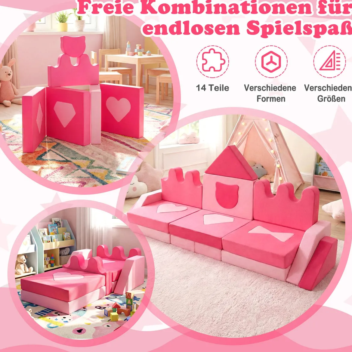 14-teiliges Kinder-Spielsofa modularer Kinderspielcouch ab 3 Jahren weiches Indoor-Kriechspielsofa Rosa