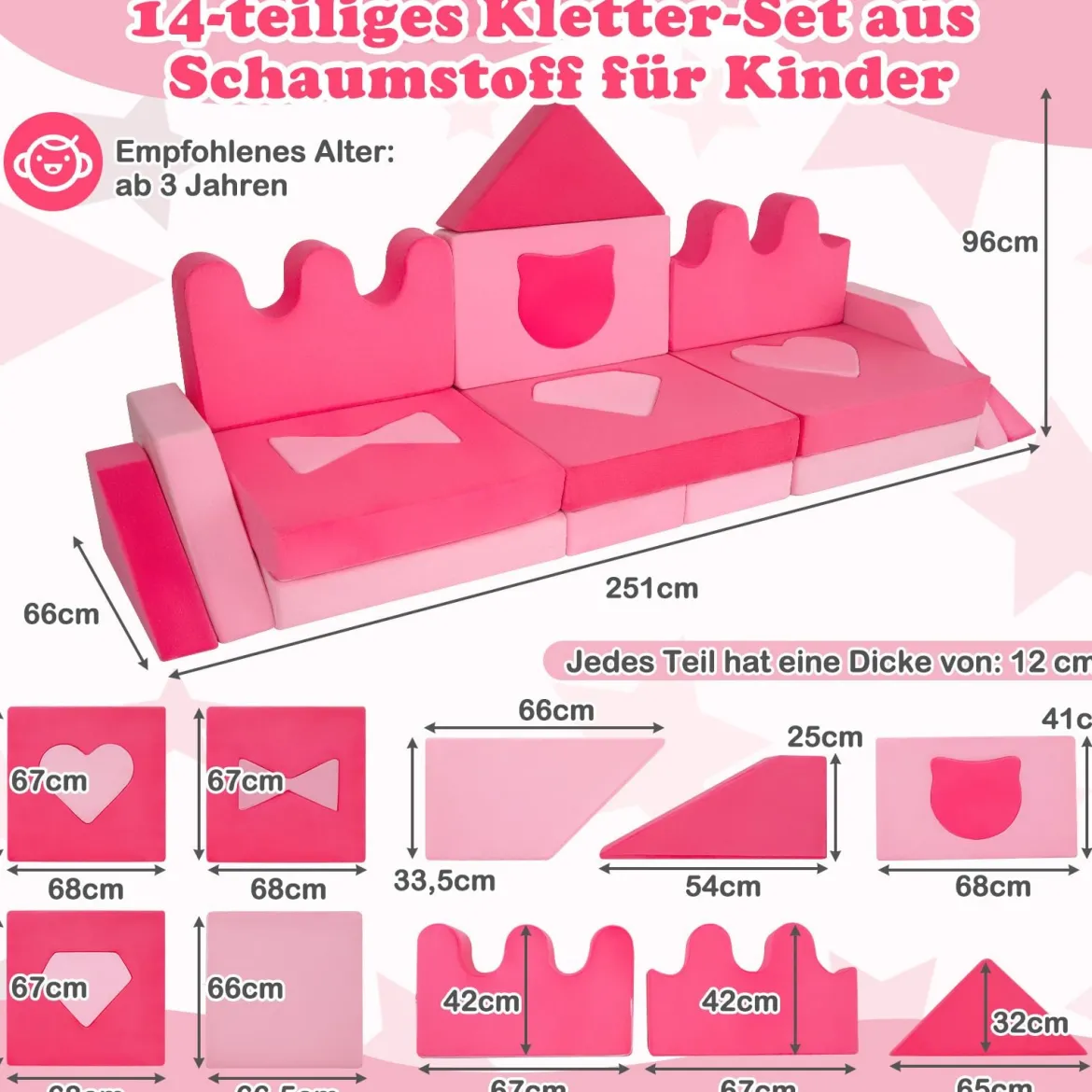 14-teiliges Kinder-Spielsofa modularer Kinderspielcouch ab 3 Jahren weiches Indoor-Kriechspielsofa Rosa