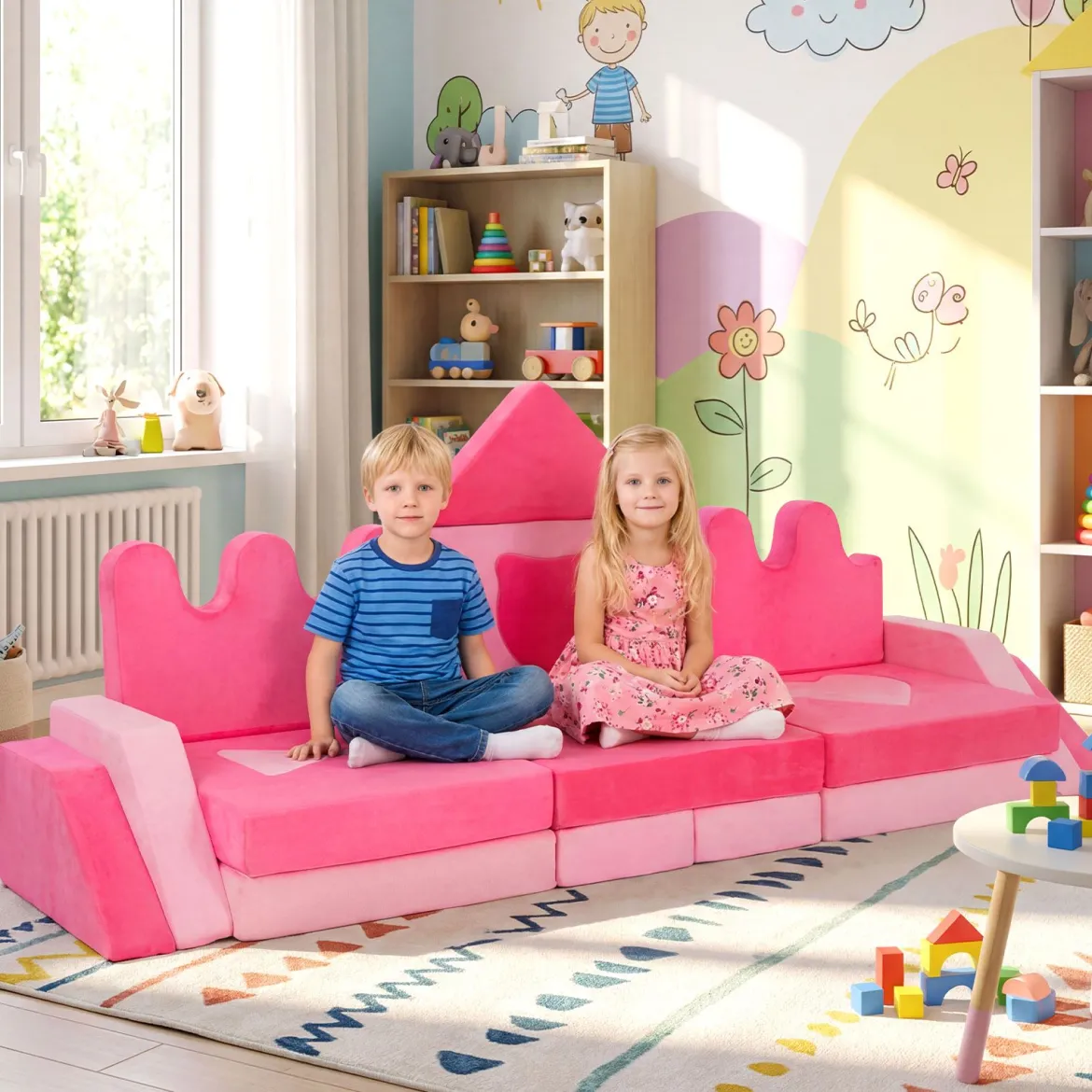 14-teiliges Kinder-Spielsofa modularer Kinderspielcouch ab 3 Jahren weiches Indoor-Kriechspielsofa Rosa