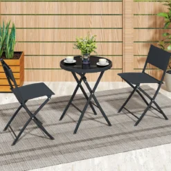 3-teiliges klappbares Bistro-Set Gartensitzgruppe mit atmungsaktivem Stoffsitz & gehärteter Glastischplatte Schwarz