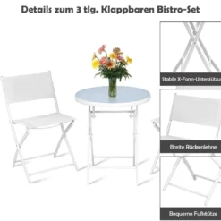 3-teiliges klappbares Bistroset Balkonset Gartenset Sitzgarnitur mit 2 Stühle & 1 runder Tisch Weiß