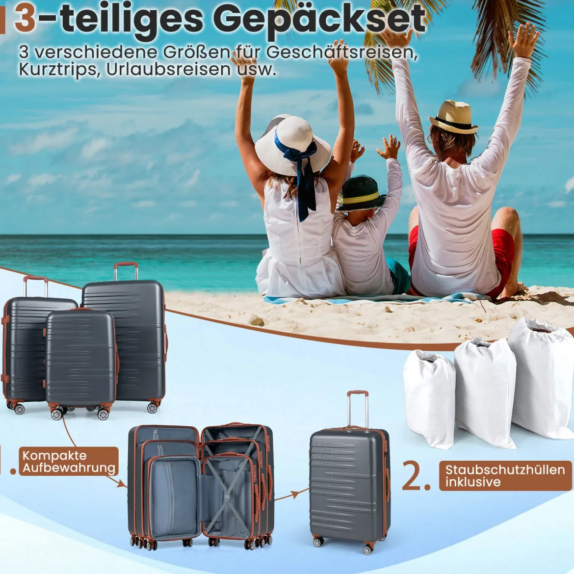 3-teiliges Kofferset Hartschalen Kofferset mit TSA-Schloss Teleskop-Aluminiumgriff & 4 Rollen Grau