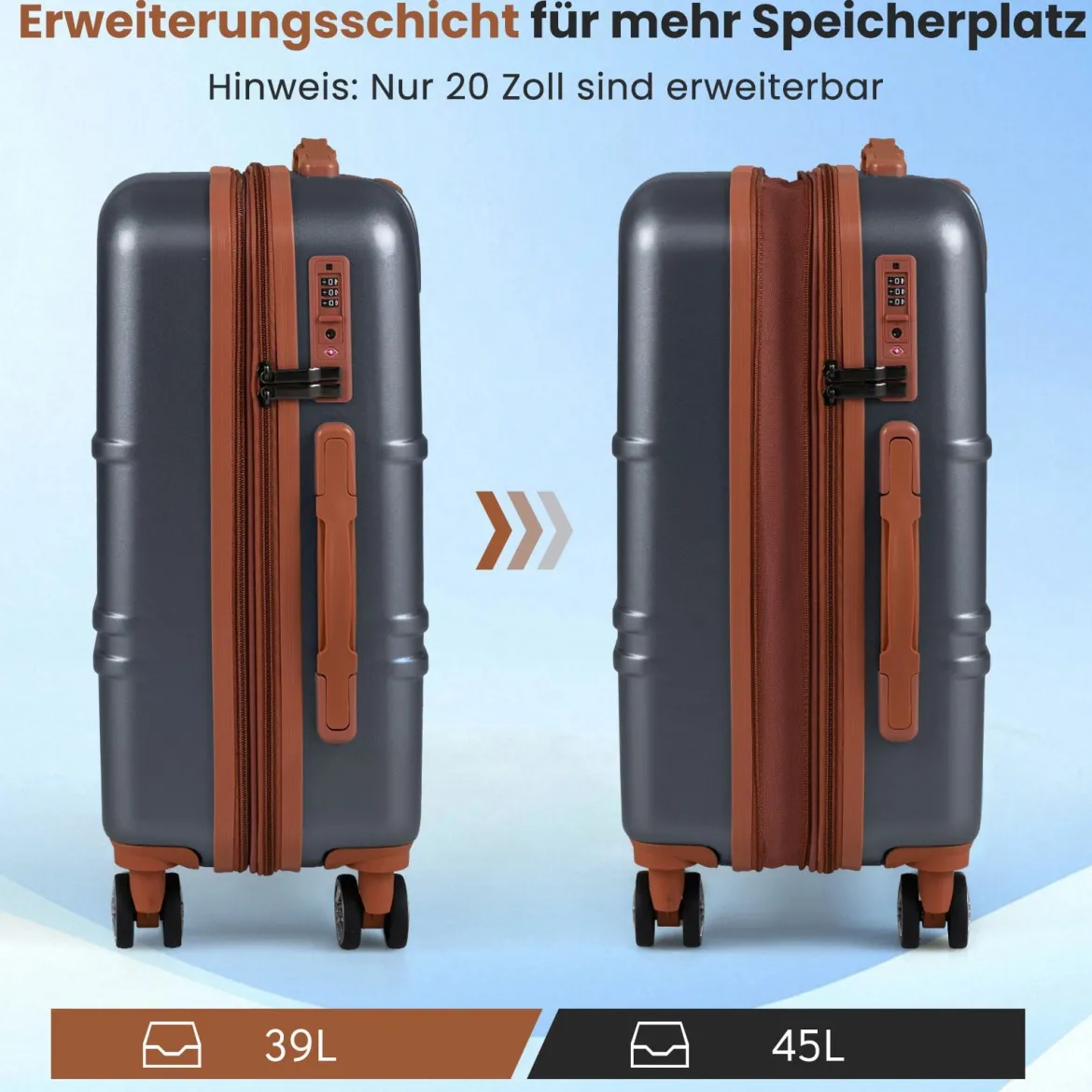 3-teiliges Kofferset Hartschalen Kofferset mit TSA-Schloss Teleskop-Aluminiumgriff & 4 Rollen Grau