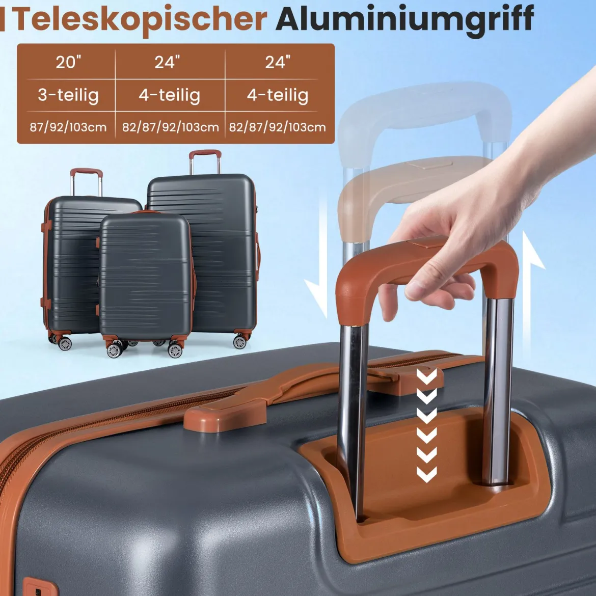 3-teiliges Kofferset Hartschalen Kofferset mit TSA-Schloss Teleskop-Aluminiumgriff & 4 Rollen Grau