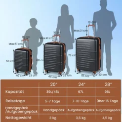 3-teiliges Kofferset Hartschalen Kofferset mit TSA-Schloss Teleskop-Aluminiumgriff & 4 Rollen Schwarz