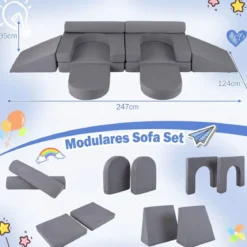 10-Teiliges Modulares Spielsofa Kindersofa mit Abnehmbarem & Waschbarem Bezug aus Wildleder Blau/Grau/Beige