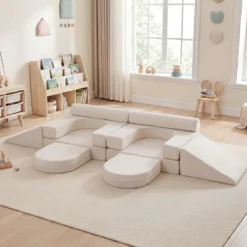 10-Teiliges Modulares Spielsofa Kindersofa mit Abnehmbarem & Waschbarem Bezug aus Wildleder Blau/Grau/Beige