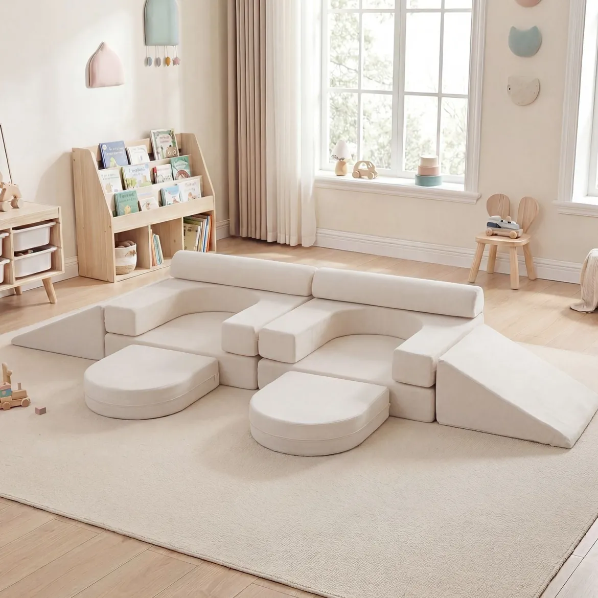10-Teiliges Modulares Spielsofa Kindersofa mit Abnehmbarem & Waschbarem Bezug aus Wildleder Blau/Grau/Beige