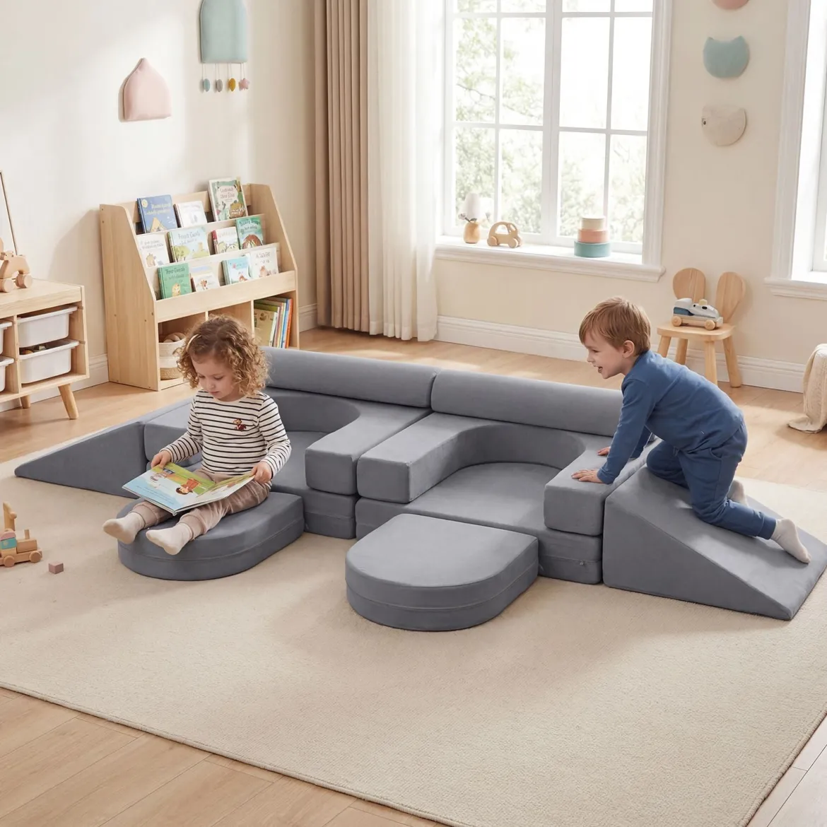 10-Teiliges Modulares Spielsofa Kindersofa mit Abnehmbarem & Waschbarem Bezug aus Wildleder Blau/Grau/Beige