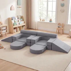 10-Teiliges Modulares Spielsofa Kindersofa mit Abnehmbarem & Waschbarem Bezug aus Wildleder Blau/Grau/Beige