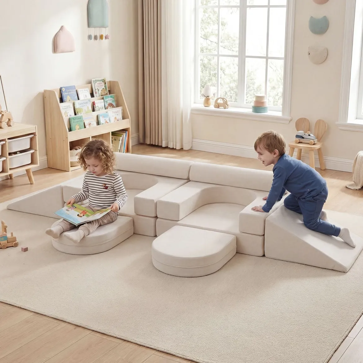 10-Teiliges Modulares Spielsofa Kindersofa mit Abnehmbarem & Waschbarem Bezug aus Wildleder Blau/Grau/Beige