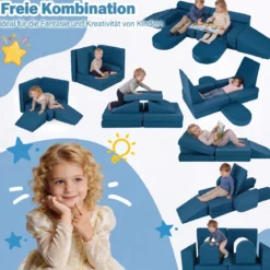 10-Teiliges Modulares Spielsofa Kindersofa mit Abnehmbarem & Waschbarem Bezug aus Wildleder Blau/Grau/Beige