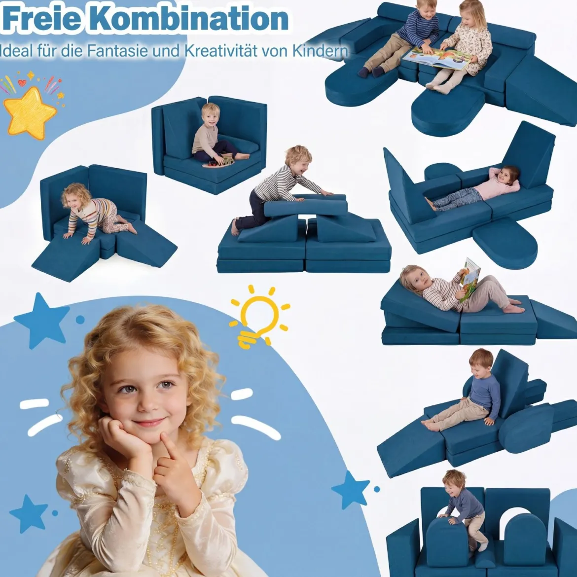 10-Teiliges Modulares Spielsofa Kindersofa mit Abnehmbarem & Waschbarem Bezug aus Wildleder Blau/Grau/Beige