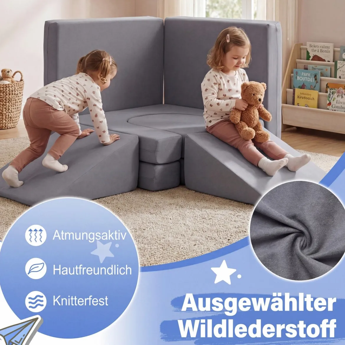 10-Teiliges Modulares Spielsofa Kindersofa mit Abnehmbarem & Waschbarem Bezug aus Wildleder Blau/Grau/Beige