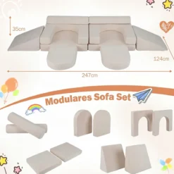10-Teiliges Modulares Spielsofa Kindersofa mit Abnehmbarem & Waschbarem Bezug aus Wildleder Blau/Grau/Beige