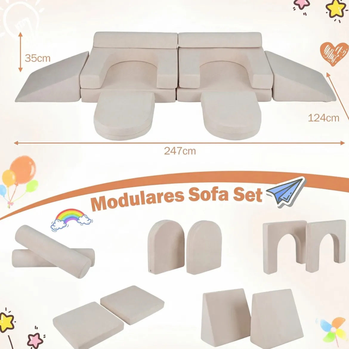 10-Teiliges Modulares Spielsofa Kindersofa mit Abnehmbarem & Waschbarem Bezug aus Wildleder Blau/Grau/Beige