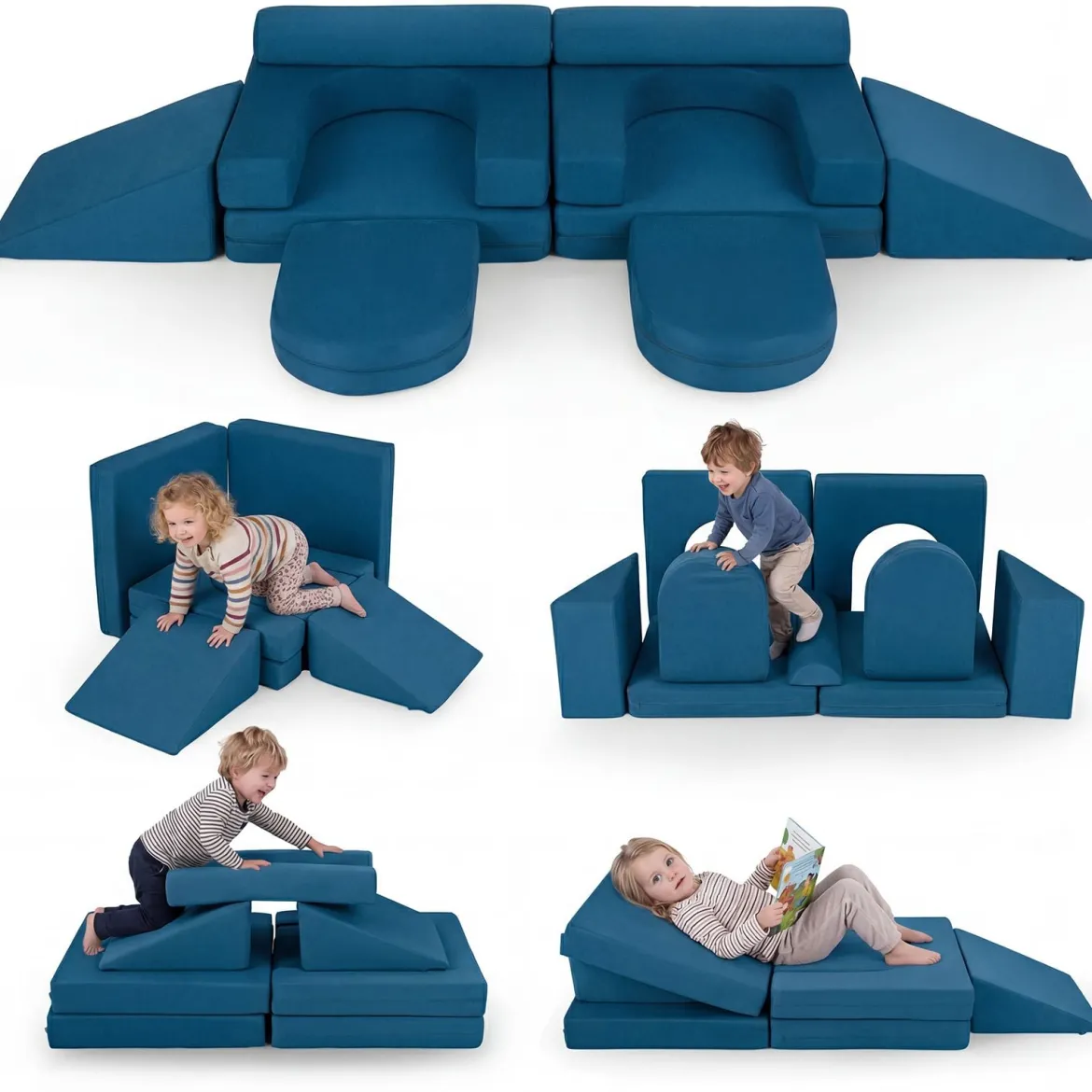 10-Teiliges Modulares Spielsofa Kindersofa mit Abnehmbarem & Waschbarem Bezug aus Wildleder Blau/Grau/Beige
