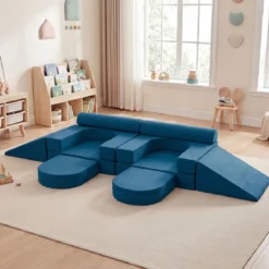 10-Teiliges Modulares Spielsofa Kindersofa mit Abnehmbarem & Waschbarem Bezug aus Wildleder Blau/Grau/Beige