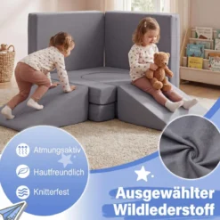 10-Teiliges Modulares Spielsofa Kindersofa mit Abnehmbarem & Waschbarem Bezug aus Wildleder Blau/Grau/Beige