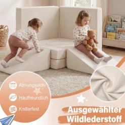 10-Teiliges Modulares Spielsofa Kindersofa mit Abnehmbarem & Waschbarem Bezug aus Wildleder Blau/Grau/Beige