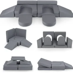 10-Teiliges Modulares Spielsofa Kindersofa mit Abnehmbarem & Waschbarem Bezug aus Wildleder Blau/Grau/Beige