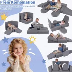 10-Teiliges Modulares Spielsofa Kindersofa mit Abnehmbarem & Waschbarem Bezug aus Wildleder Blau/Grau/Beige