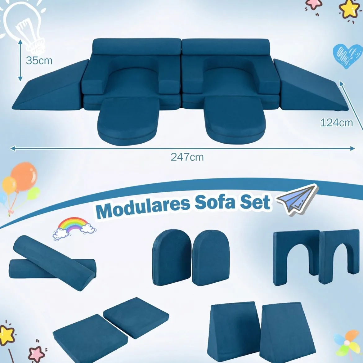 10-Teiliges Modulares Spielsofa Kindersofa mit Abnehmbarem & Waschbarem Bezug aus Wildleder Blau/Grau/Beige