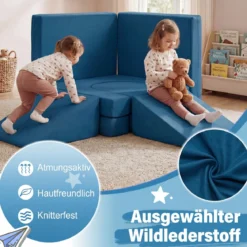 10-Teiliges Modulares Spielsofa Kindersofa mit Abnehmbarem & Waschbarem Bezug aus Wildleder Blau/Grau/Beige