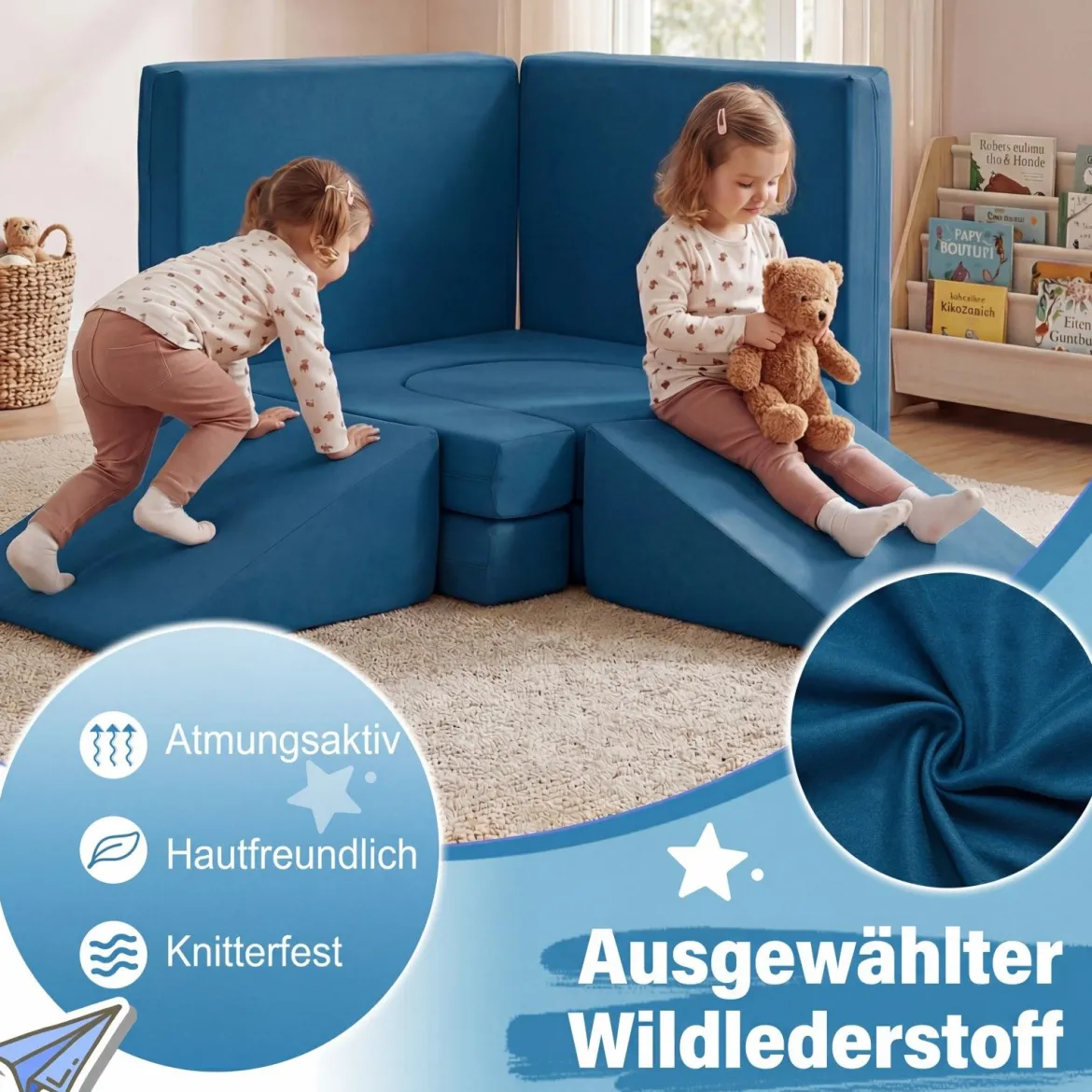 10-Teiliges Modulares Spielsofa Kindersofa mit Abnehmbarem & Waschbarem Bezug aus Wildleder Blau/Grau/Beige