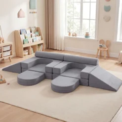 10-Teiliges Modulares Spielsofa Kindersofa mit Abnehmbarem & Waschbarem Bezug aus Wildleder Blau/Grau/Beige