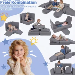 10-Teiliges Modulares Spielsofa Kindersofa mit Abnehmbarem & Waschbarem Bezug aus Wildleder Blau/Grau/Beige