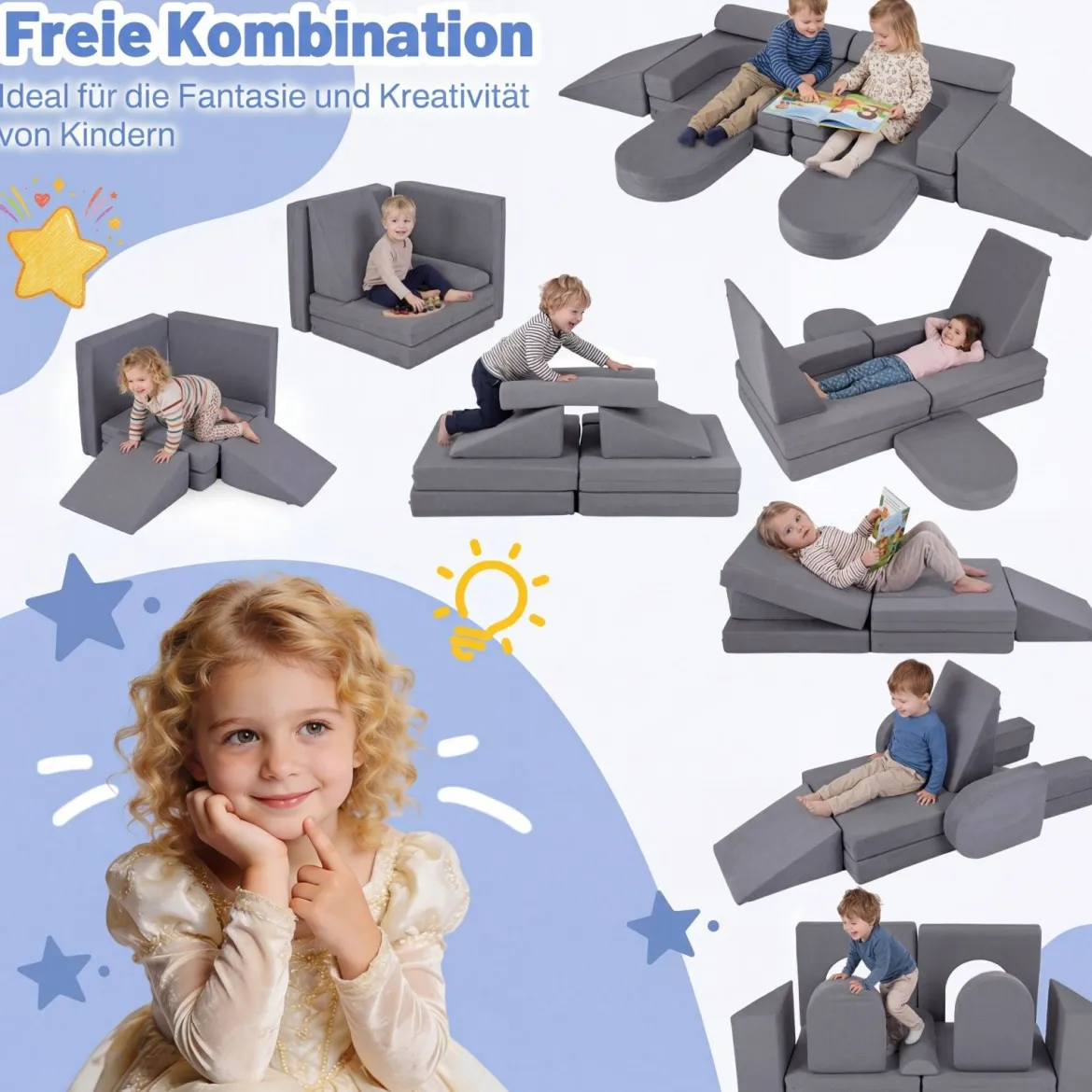 10-Teiliges Modulares Spielsofa Kindersofa mit Abnehmbarem & Waschbarem Bezug aus Wildleder Blau/Grau/Beige