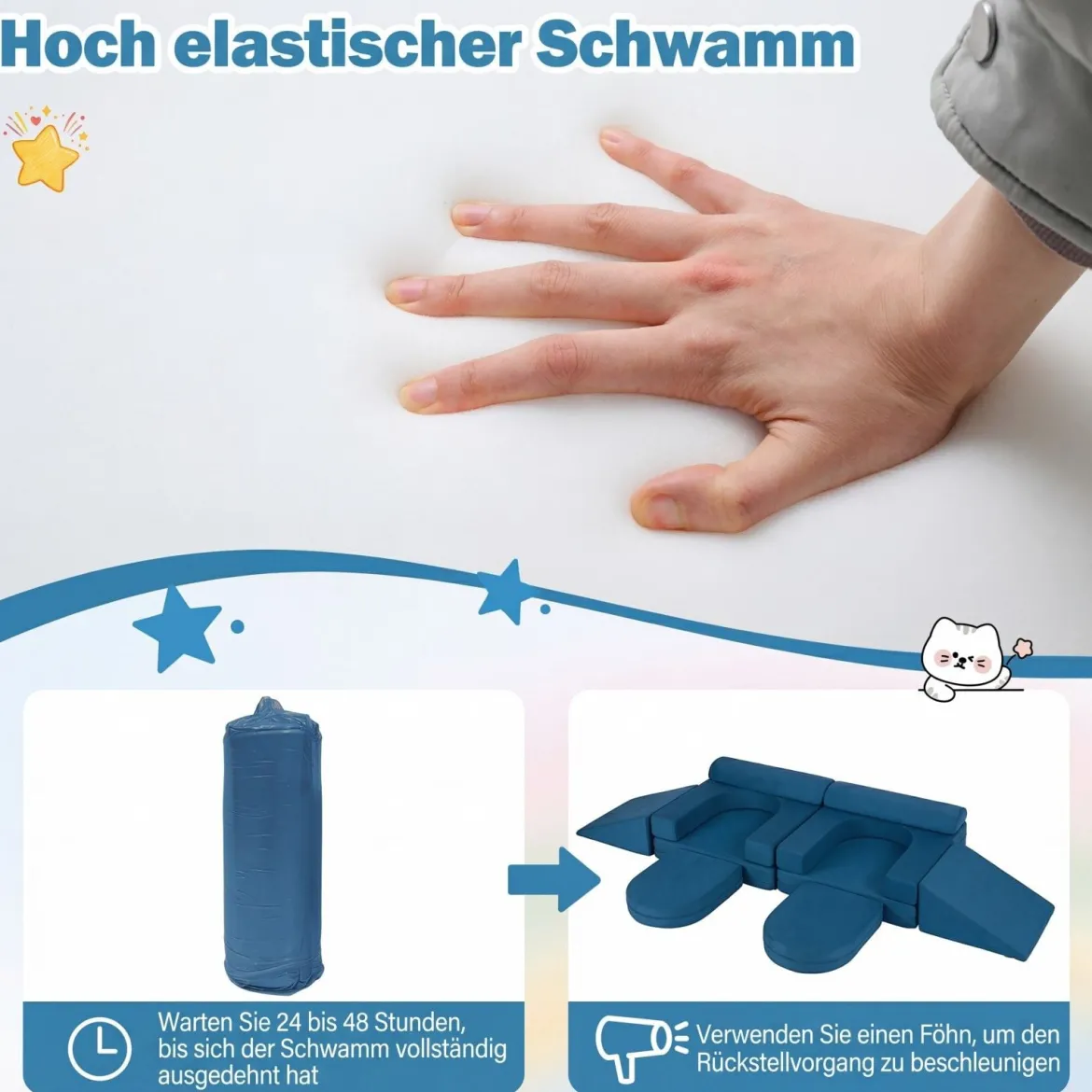 10-Teiliges Modulares Spielsofa Kindersofa mit Abnehmbarem & Waschbarem Bezug aus Wildleder Blau/Grau/Beige