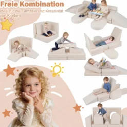 10-Teiliges Modulares Spielsofa Kindersofa mit Abnehmbarem & Waschbarem Bezug aus Wildleder Blau/Grau/Beige