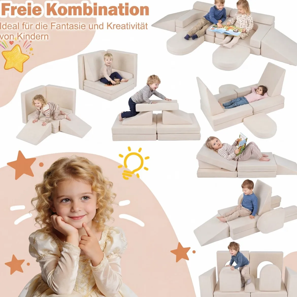 10-Teiliges Modulares Spielsofa Kindersofa mit Abnehmbarem & Waschbarem Bezug aus Wildleder Blau/Grau/Beige