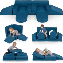 10-Teiliges Modulares Spielsofa Kindersofa mit Abnehmbarem & Waschbarem Bezug aus Wildleder Blau/Grau/Beige