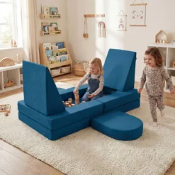 10-Teiliges Modulares Spielsofa Kindersofa mit Abnehmbarem & Waschbarem Bezug aus Wildleder Blau/Grau/Beige