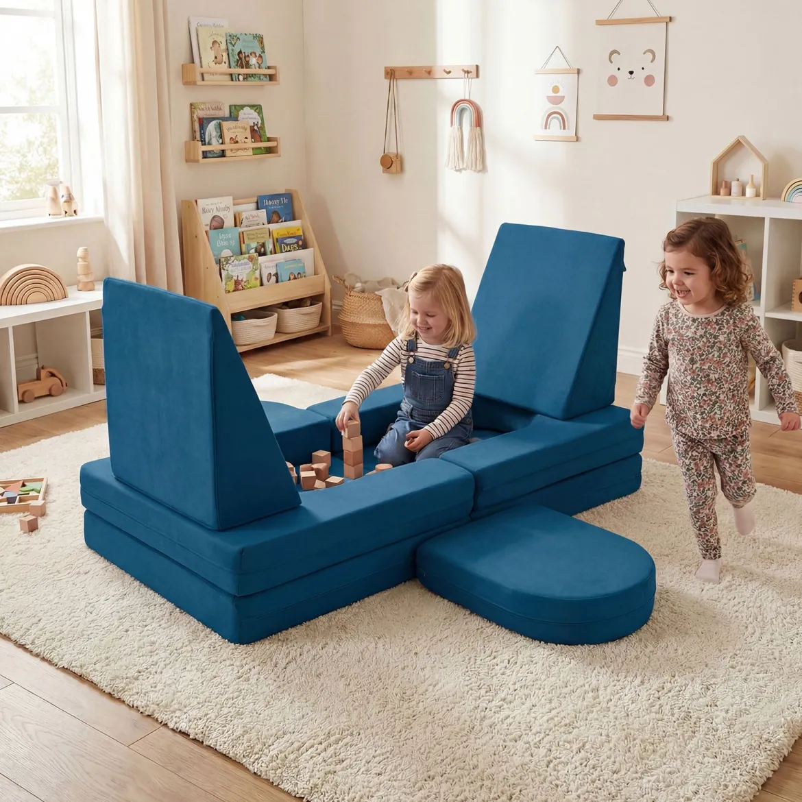 10-Teiliges Modulares Spielsofa Kindersofa mit Abnehmbarem & Waschbarem Bezug aus Wildleder Blau/Grau/Beige
