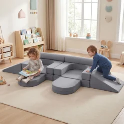 10-Teiliges Modulares Spielsofa Kindersofa mit Abnehmbarem & Waschbarem Bezug aus Wildleder Blau/Grau/Beige