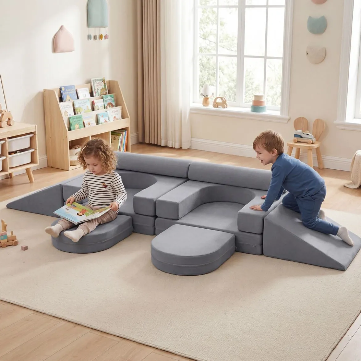 10-Teiliges Modulares Spielsofa Kindersofa mit Abnehmbarem & Waschbarem Bezug aus Wildleder Blau/Grau/Beige