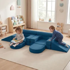 10-Teiliges Modulares Spielsofa Kindersofa mit Abnehmbarem & Waschbarem Bezug aus Wildleder Blau/Grau/Beige