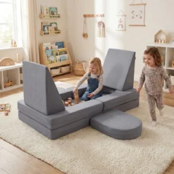 10-Teiliges Modulares Spielsofa Kindersofa mit Abnehmbarem & Waschbarem Bezug aus Wildleder Blau/Grau/Beige