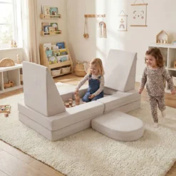10-Teiliges Modulares Spielsofa Kindersofa mit Abnehmbarem & Waschbarem Bezug aus Wildleder Blau/Grau/Beige