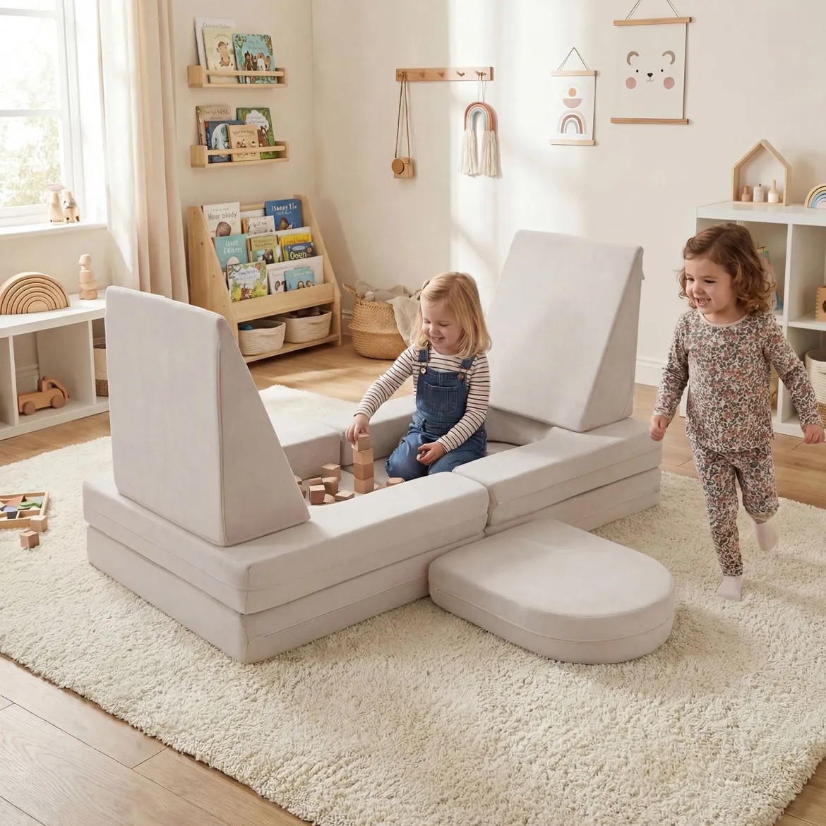 10-Teiliges Modulares Spielsofa Kindersofa mit Abnehmbarem & Waschbarem Bezug aus Wildleder Blau/Grau/Beige